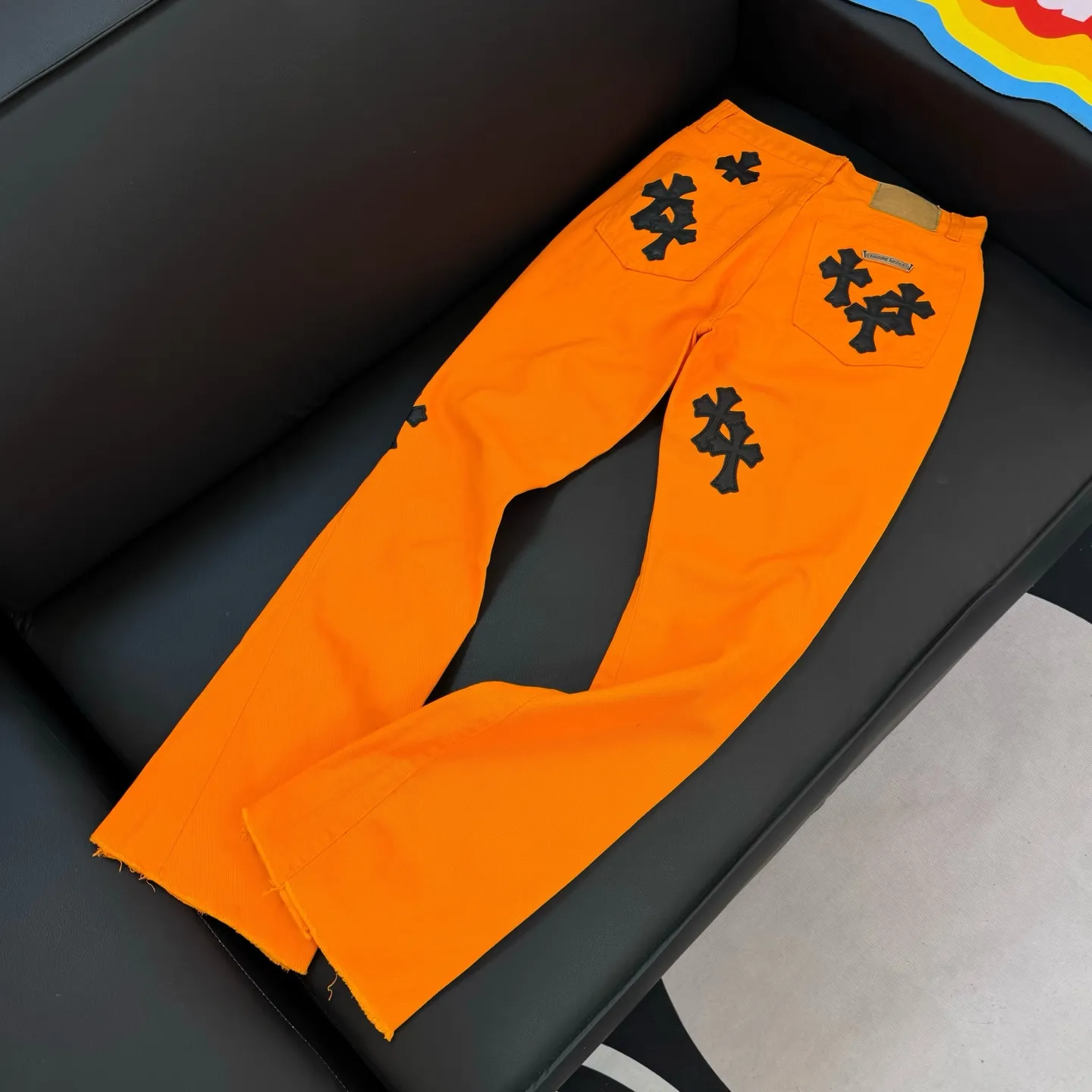 P240 Style No.: D263 🔥Chrome Hearts Orange Limited Edition Leather Jeans Size# (28 30 32 34) Size reference: 28 pants length 101 waist 78 30 pants length 103 waist 82 32 pants length 105 waist 86 34 pants length 106 waist 90